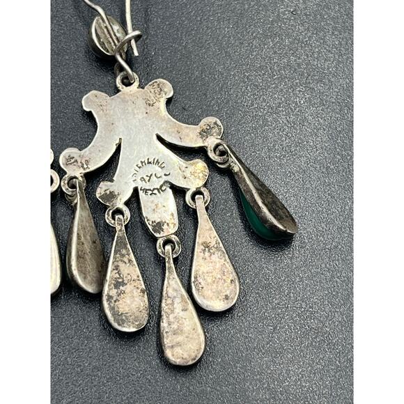 John H. Peckham, Sterling Mexico Green Stone Cabochon Chandelier Earrings Navajo - Picture 9 of 11